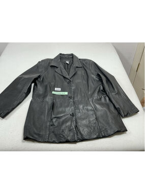 Mens Dialogue Leather Coat Button Down Large Black
